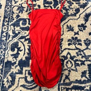 Red Ruched Spaghetti Strap Dress